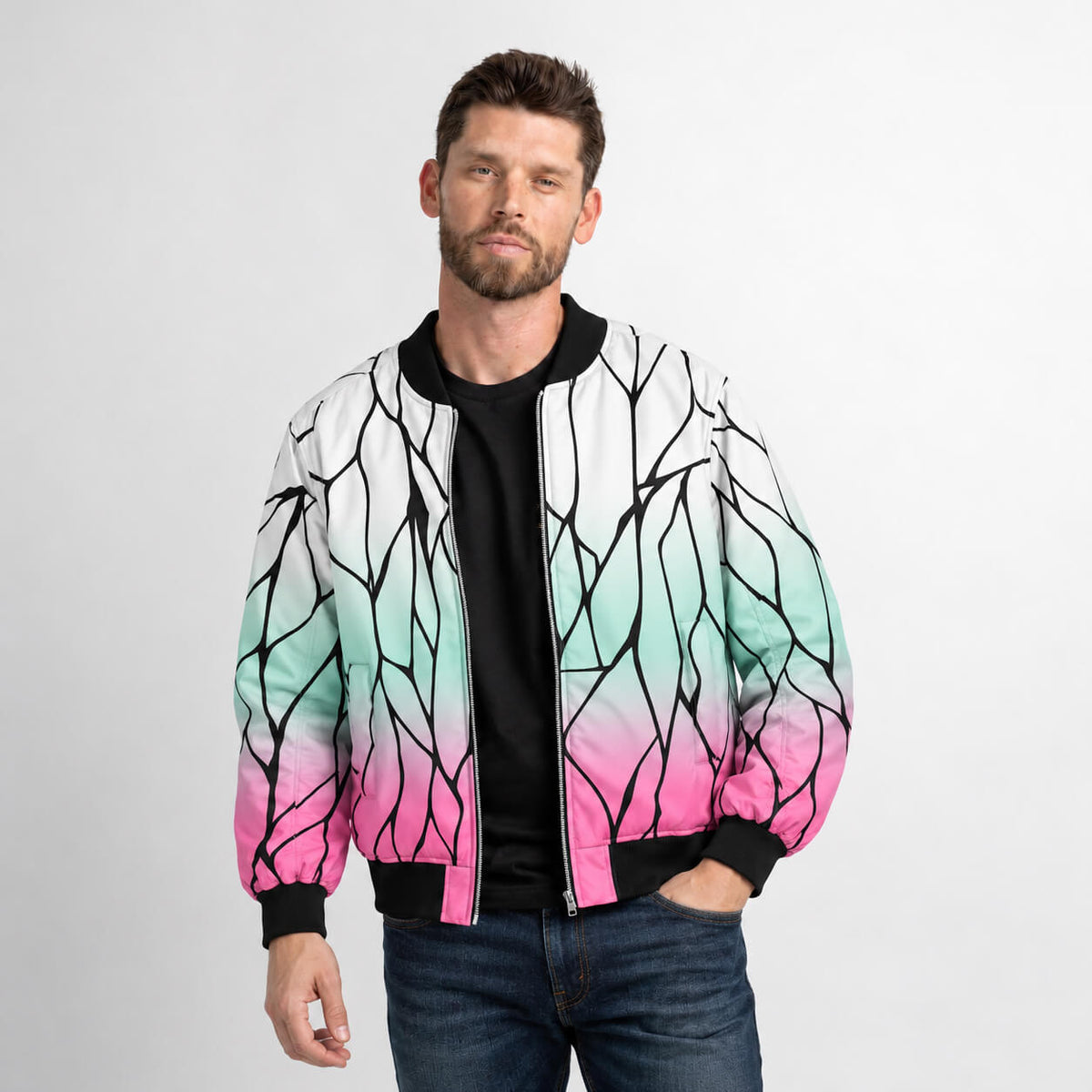 Model wearing Shinobu Kocho butterfly bomber jacket with white, mint green and pink wing-inspired graphics