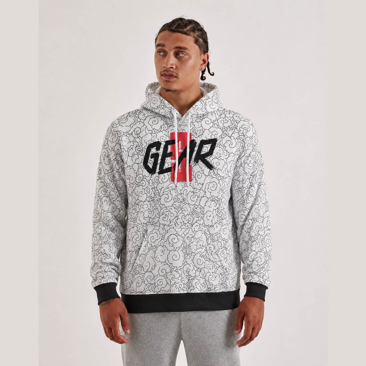 Luffy Gear 5 hoodie front view worn by male model with patterned design