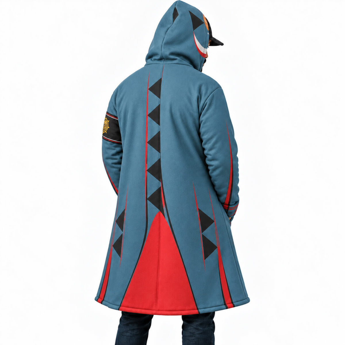 1. Guita Hebby Fantasia hooded cloak coat side view with blue-gray and red design