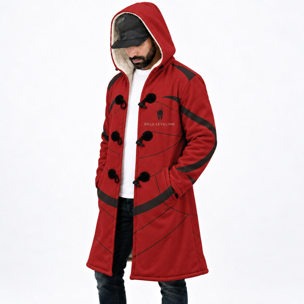1. Front view of crimson Igris Solo Leveling hooded cloak coat