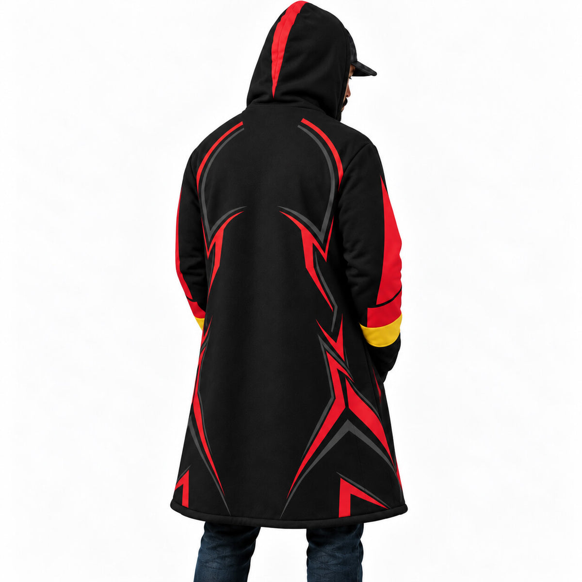 1. Side rear view of Infinite black and red hooded cloak coat