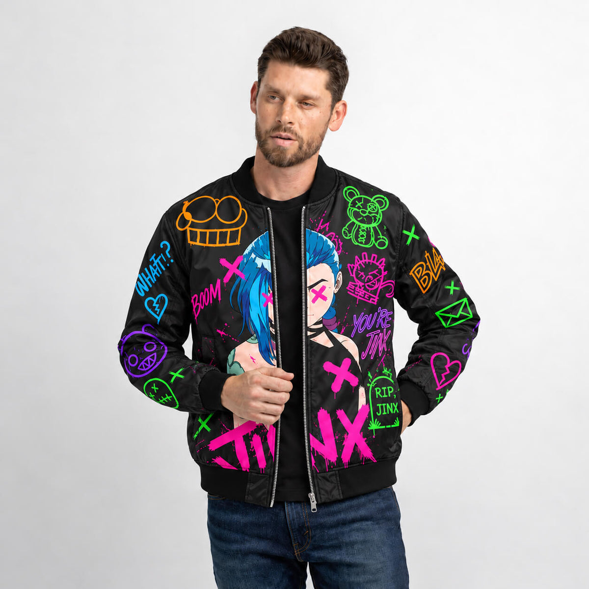 Model wearing Jinx graffiti bomber jacket with black front, ribbed collar and colorful sleeves