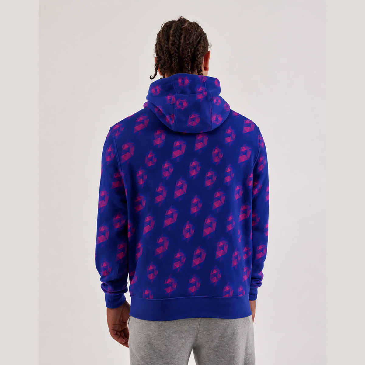 Blue JoJo Stand Arrow hoodie back view with repeating pink graphics