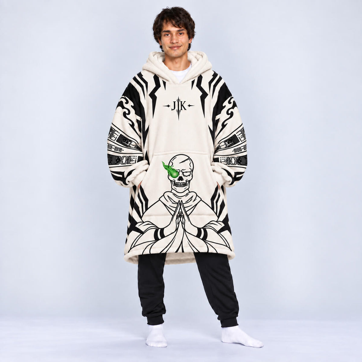 Jujutsu Kaisen blanket hoodie with black cursed symbol graphics
