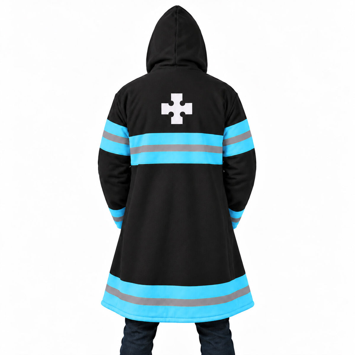 1. Fire Force Company 8 cloak coat full back with white cross and blue bands