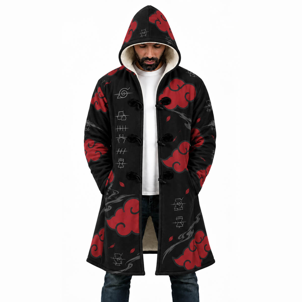 Black Naruto Akatsuki hooded cloak coat with all-over red cloud pattern
