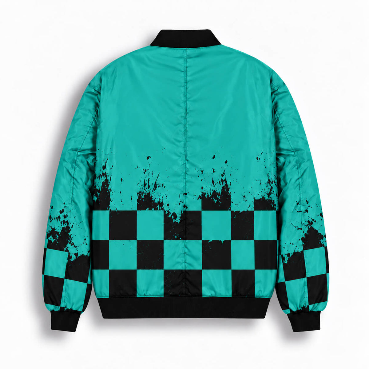 Back of Tanjiro Kamado bomber jacket showing black checkered pattern across turquoise-green fabric