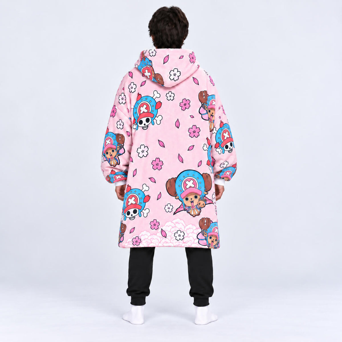 Back view of pink One Piece Chopper blanket hoodie with all-over print