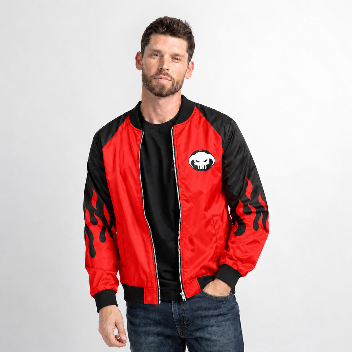 Model wearing red and black Whitebeard bomber jacket with flame graphics and ribbed trim