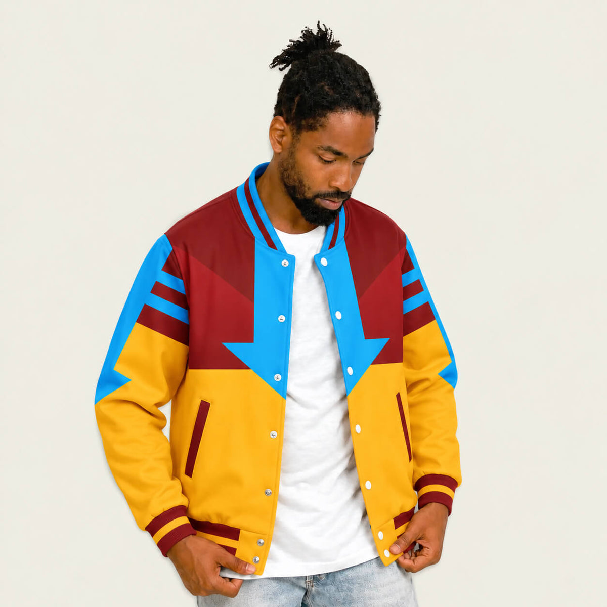 Model wearing Aang Air Nomad Avatar varsity jacket front view