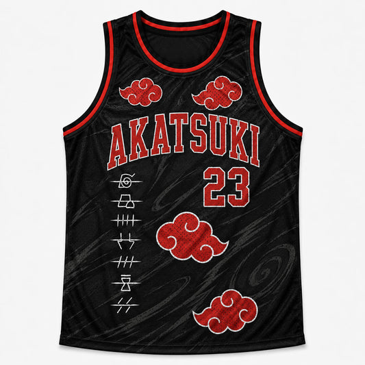 Naruto Akatsuki Uchiha basketball jersey featuring red Akatsuki cloud graphics, varsity lettering, and premium black mesh construction.
