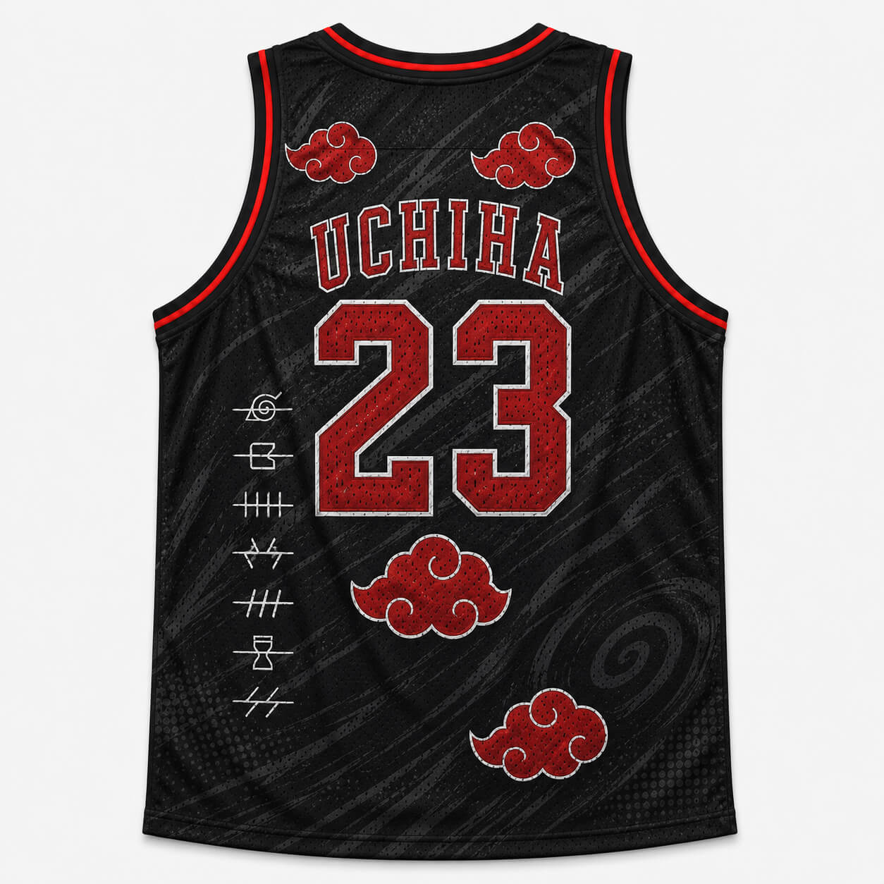 Naruto Akatsuki Uchiha basketball jersey featuring red Akatsuki cloud graphics, varsity lettering, and premium black mesh construction.