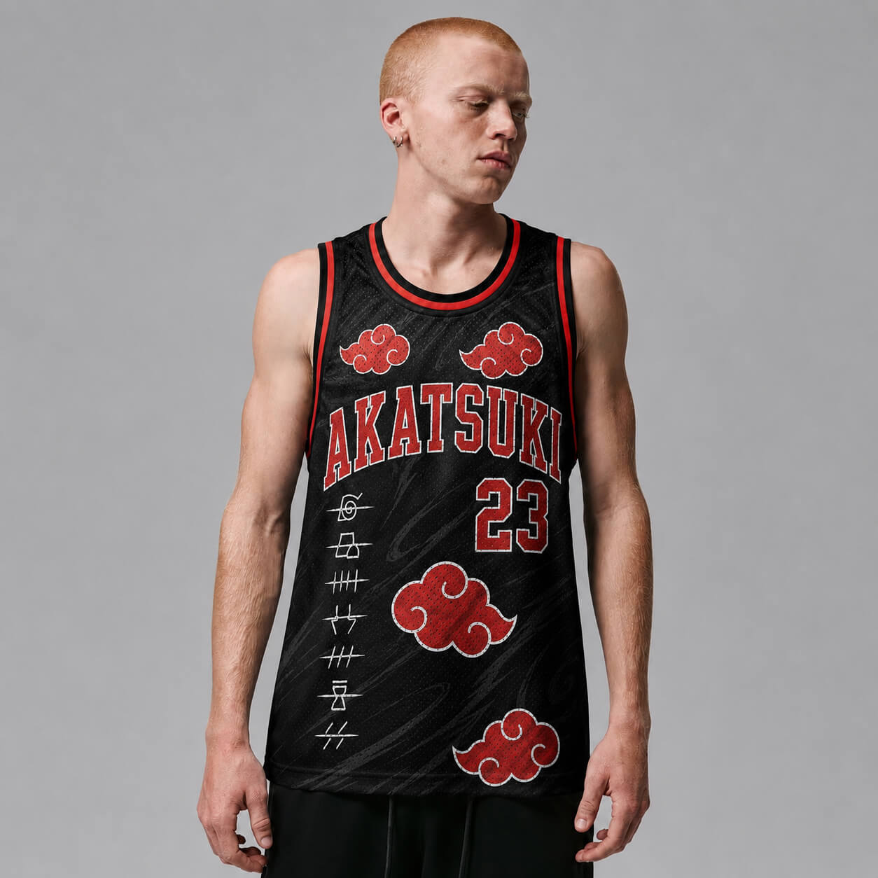 Naruto Akatsuki Uchiha basketball jersey featuring red Akatsuki cloud graphics, varsity lettering, and premium black mesh construction.