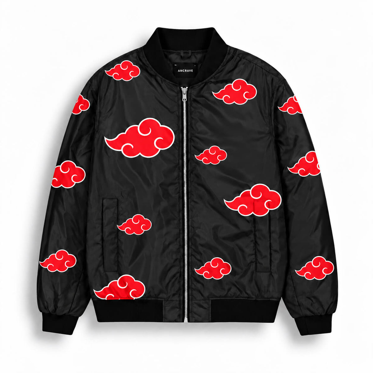 Front of black Akatsuki bomber jacket with red clouds and white outlines inspired by Naruto