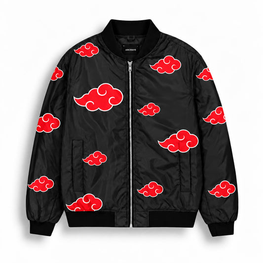 Front of black Akatsuki bomber jacket with red clouds and white outlines inspired by Naruto