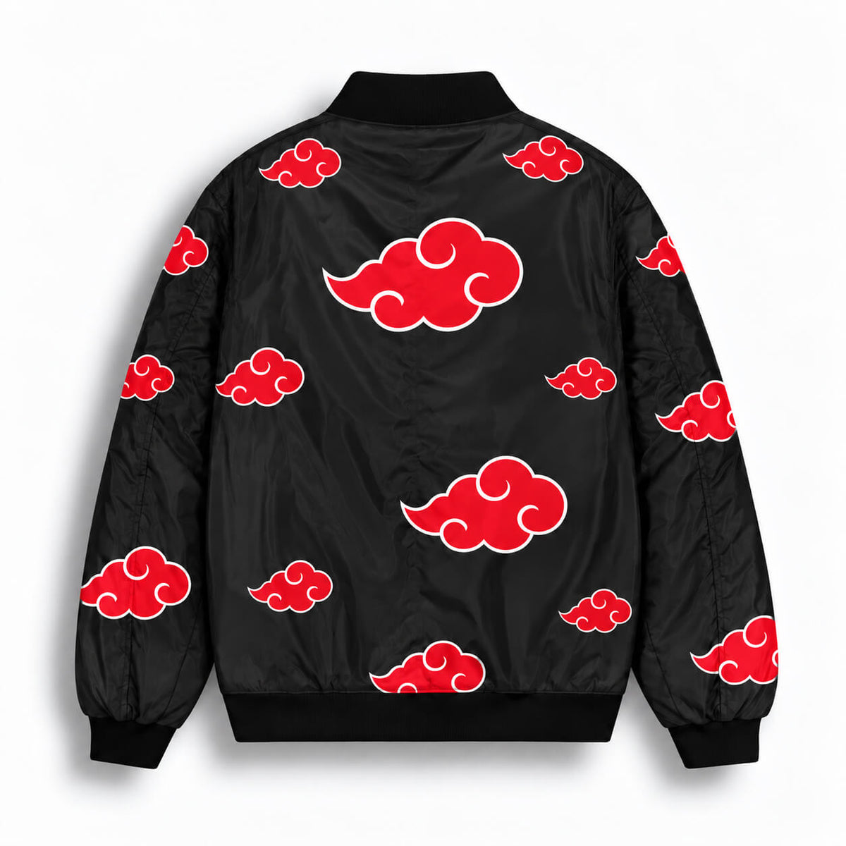 Back of black Naruto Akatsuki bomber jacket featuring scattered red cloud symbols