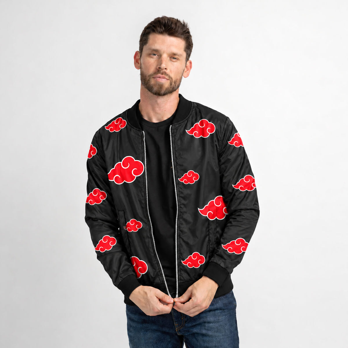 Model wearing black Akatsuki Clouds bomber jacket with red cloud graphics and ribbed trim