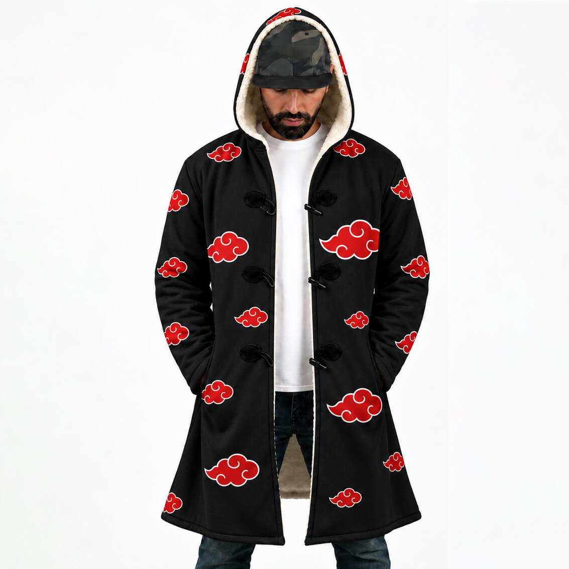 Front view of black Akatsuki hooded cloak coat with red cloud pattern