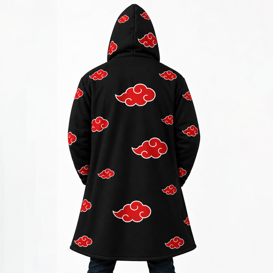 Back view of black hooded cloak coat featuring Akatsuki cloud pattern