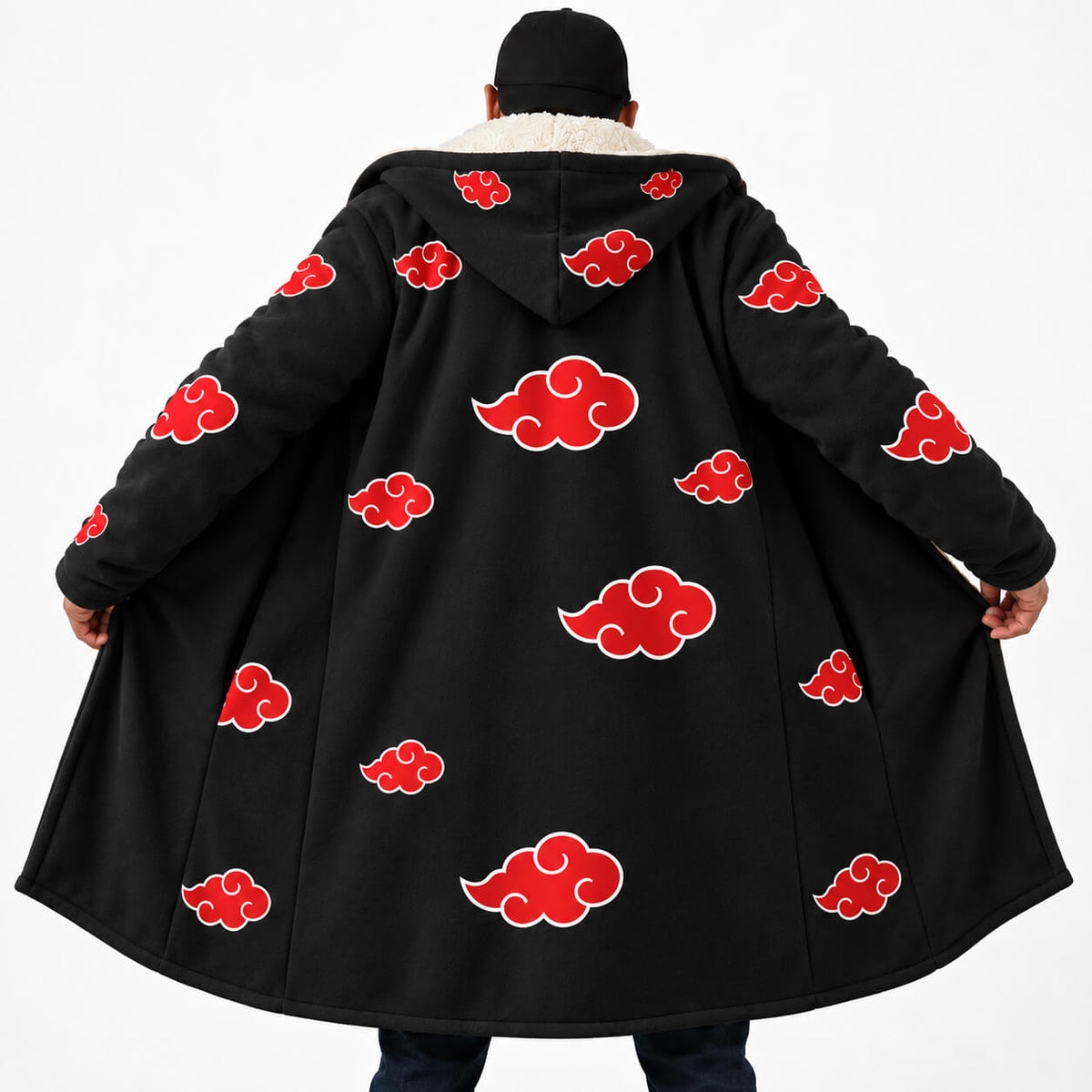 Rear view of Naruto cloak coat with all-over Akatsuki red clouds