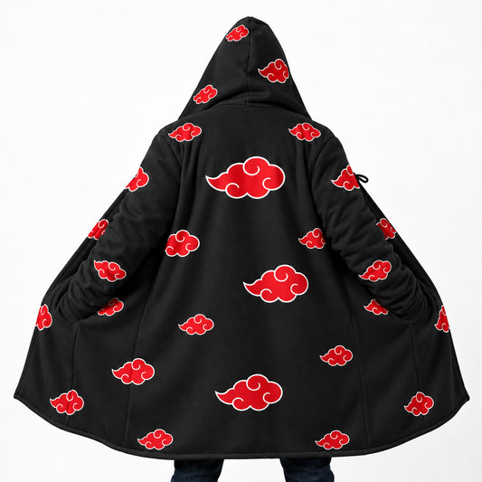 Black Naruto Akatsuki hooded cloak coat covered in red cloud symbols