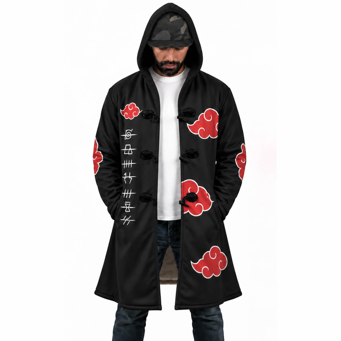 Black Naruto Itachi hooded cloak coat with red moon, crows and Akatsuki clouds