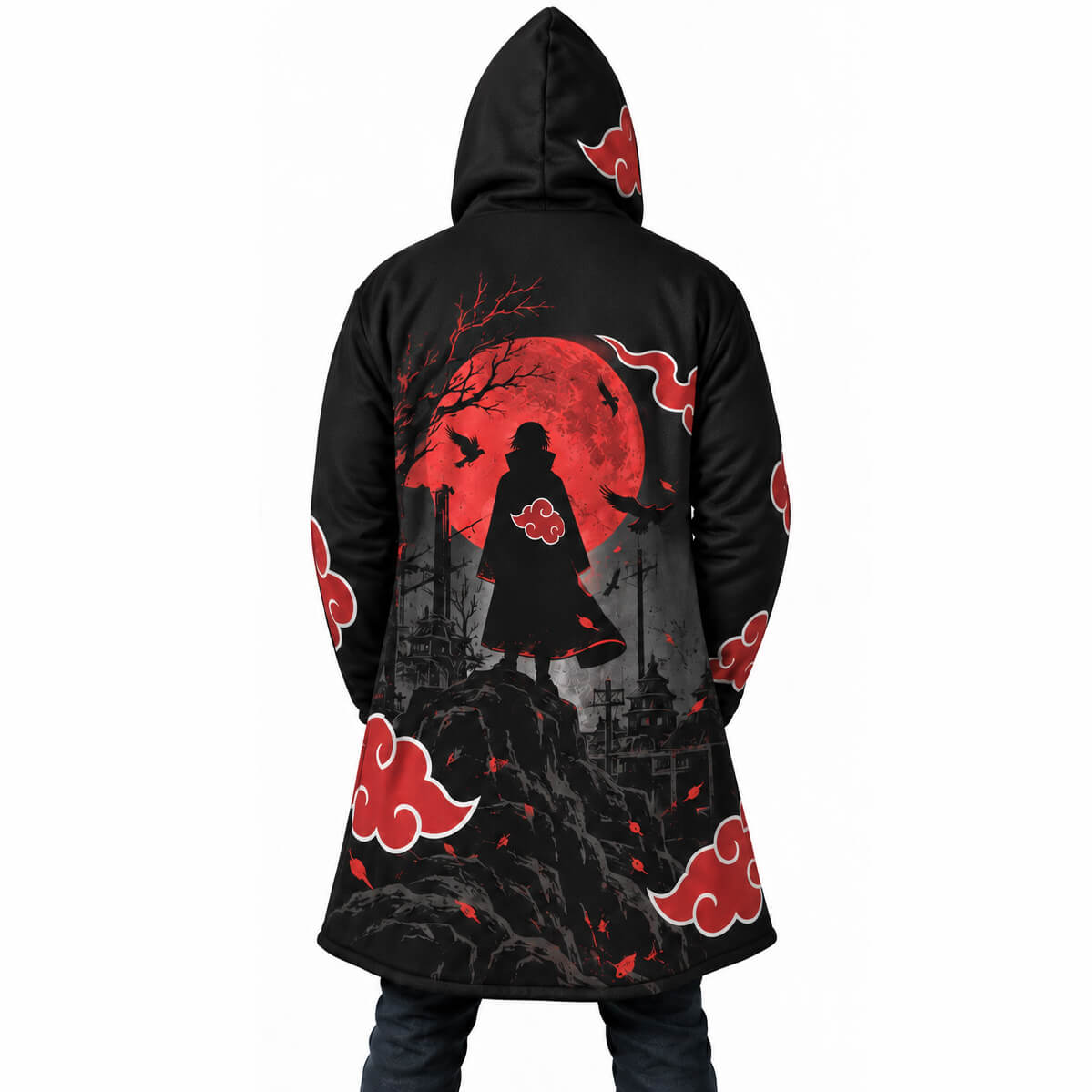 Black Naruto Itachi hooded cloak coat with red moon, crows and Akatsuki clouds