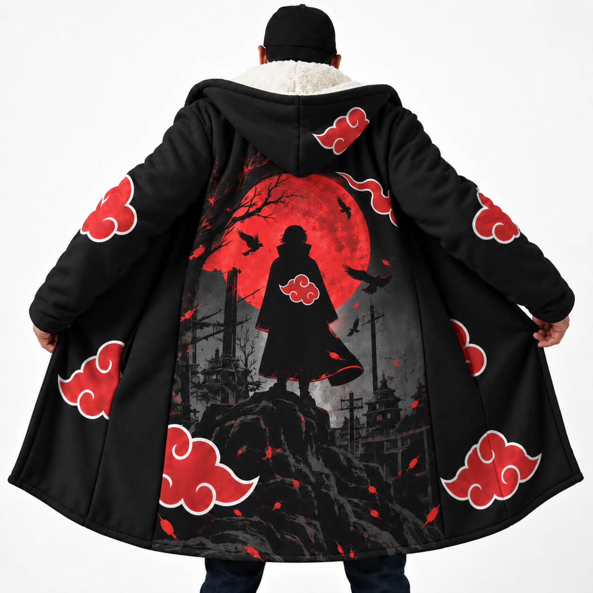 Black Naruto Itachi hooded cloak coat with red moon, crows and Akatsuki clouds