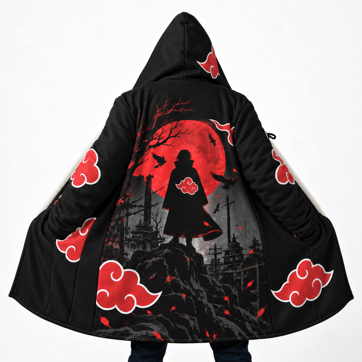 Black Naruto Itachi hooded cloak coat with red moon, crows and Akatsuki clouds