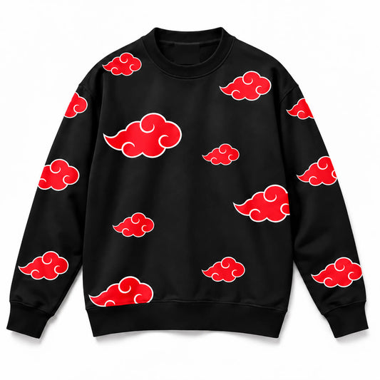 Black Akatsuki sweatshirt with red cloud symbols outlined in white across front and sleeves