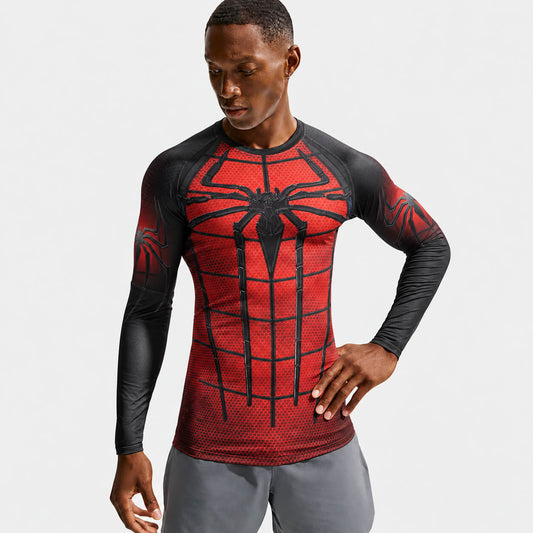 Model wearing red and black Spider-Man compression shirt with web graphics and black spider emblem