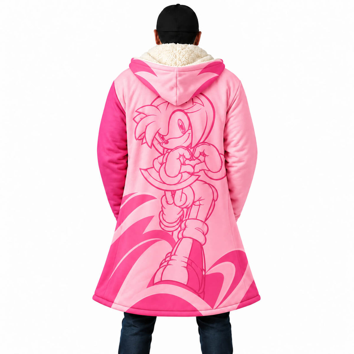 Back view of Amy Rose Sonic cloak coat with heart swirl graphics