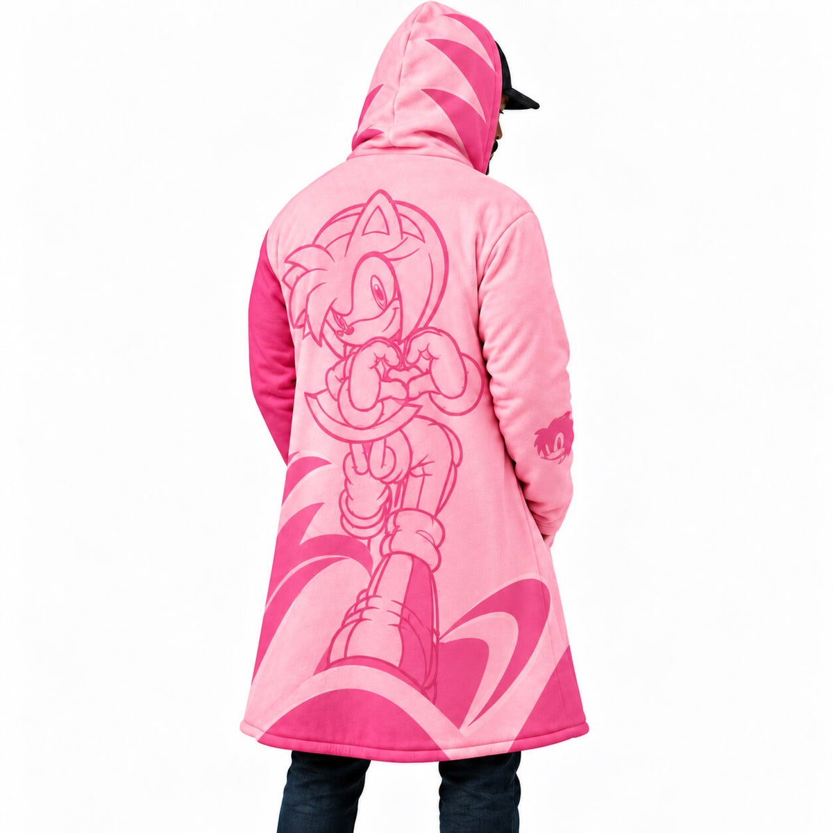 Side view of Amy Rose pink character hooded cloak coat