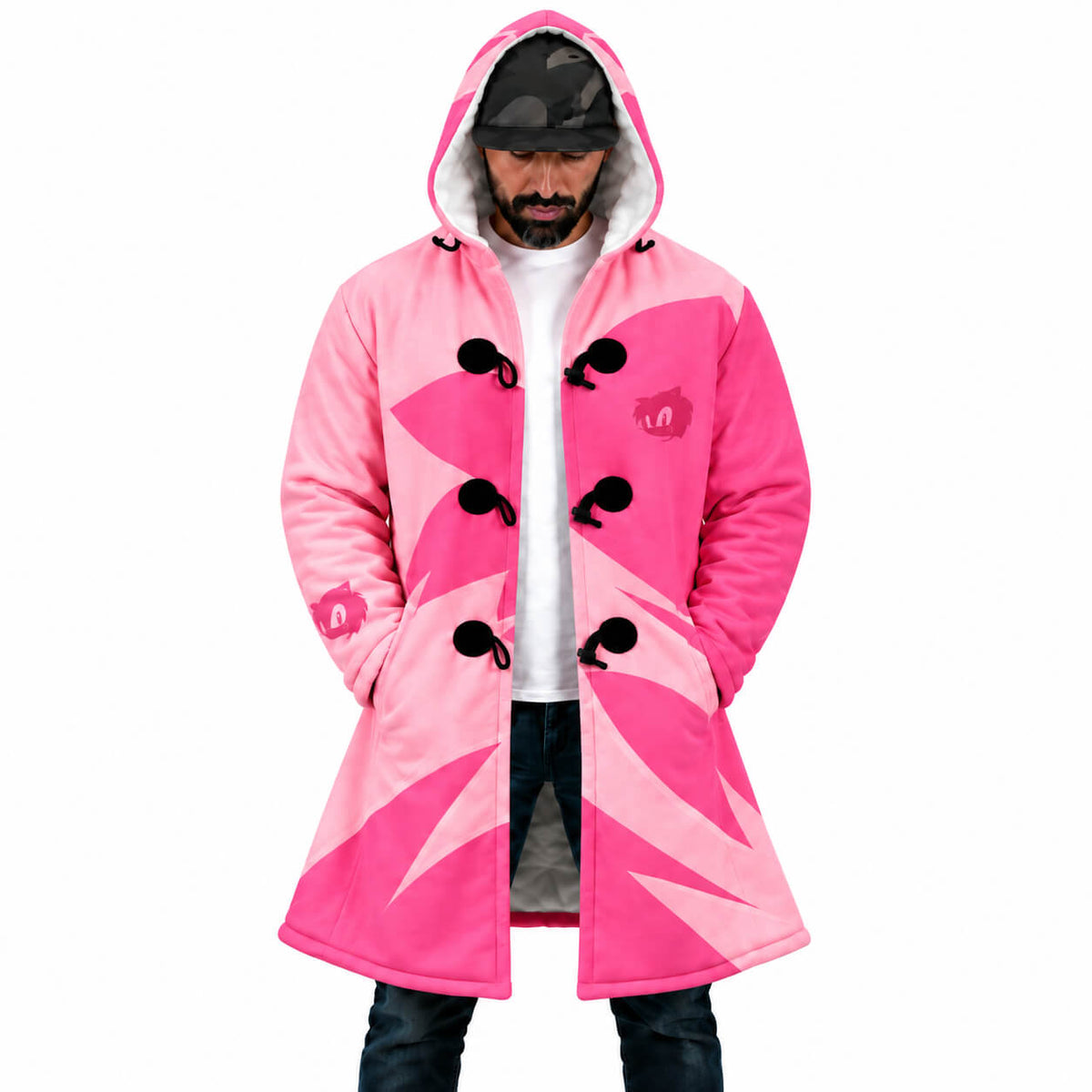 Front view of Amy Rose pink hooded cloak coat