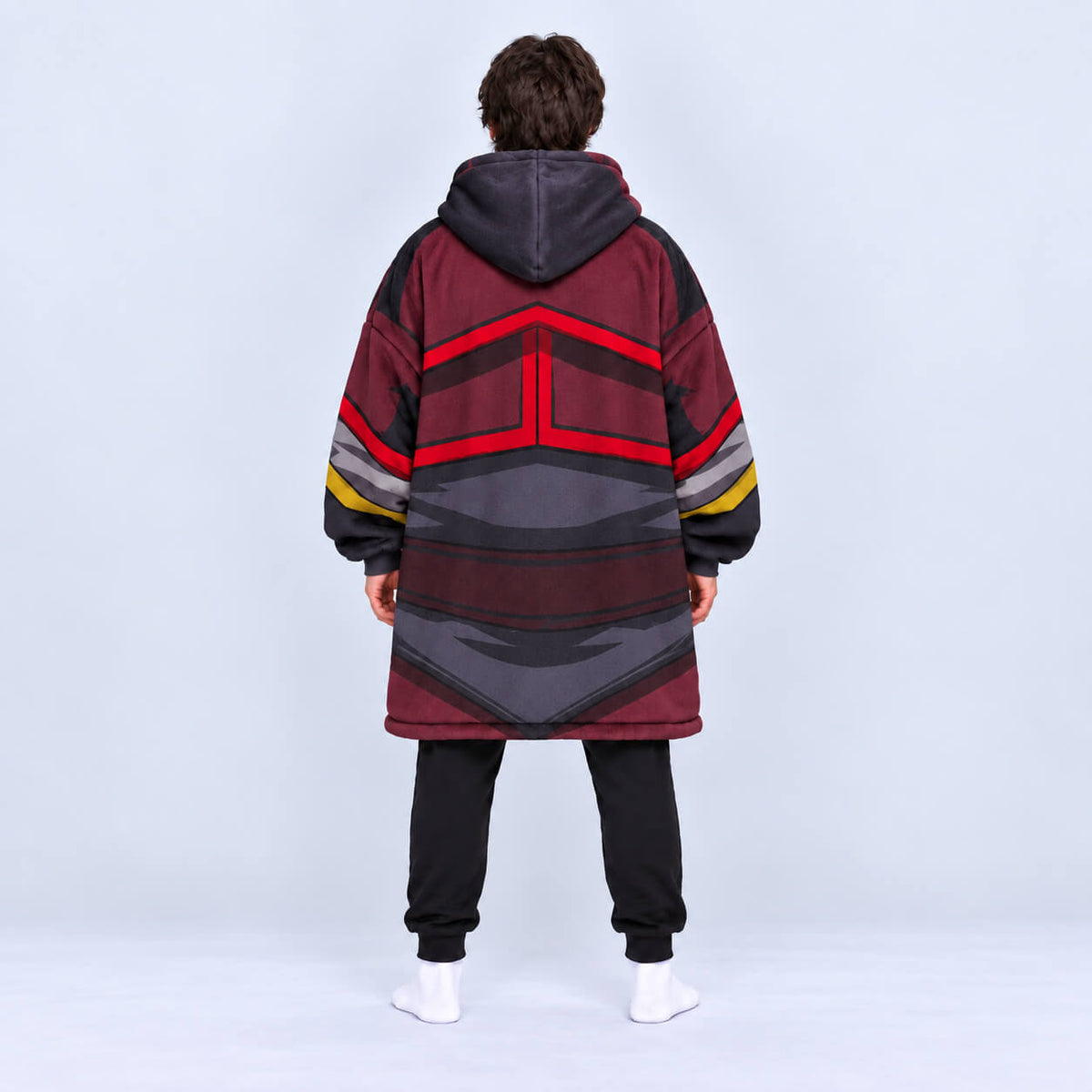 Back view of black red and gray Fire Nation blanket hoodie