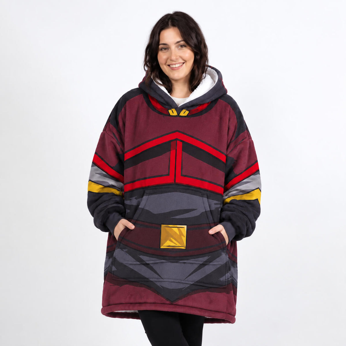 Front view of Fire Nation blanket hoodie with red geometric detailing