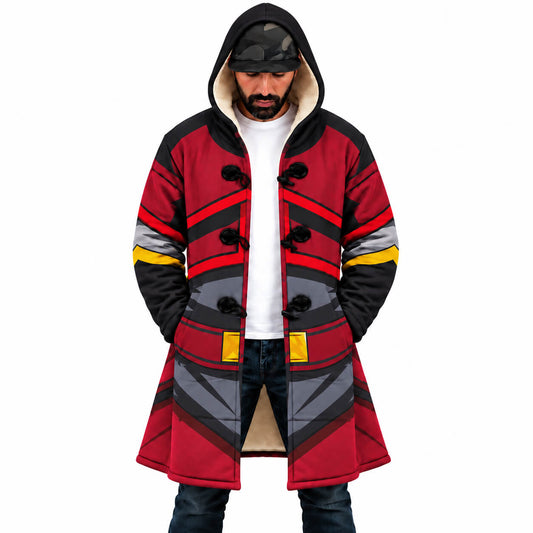 Fire Nation hooded cloak coat with red black and gold uniform design