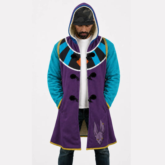 Front view of Beerus Dragon Ball hooded cloak coat
