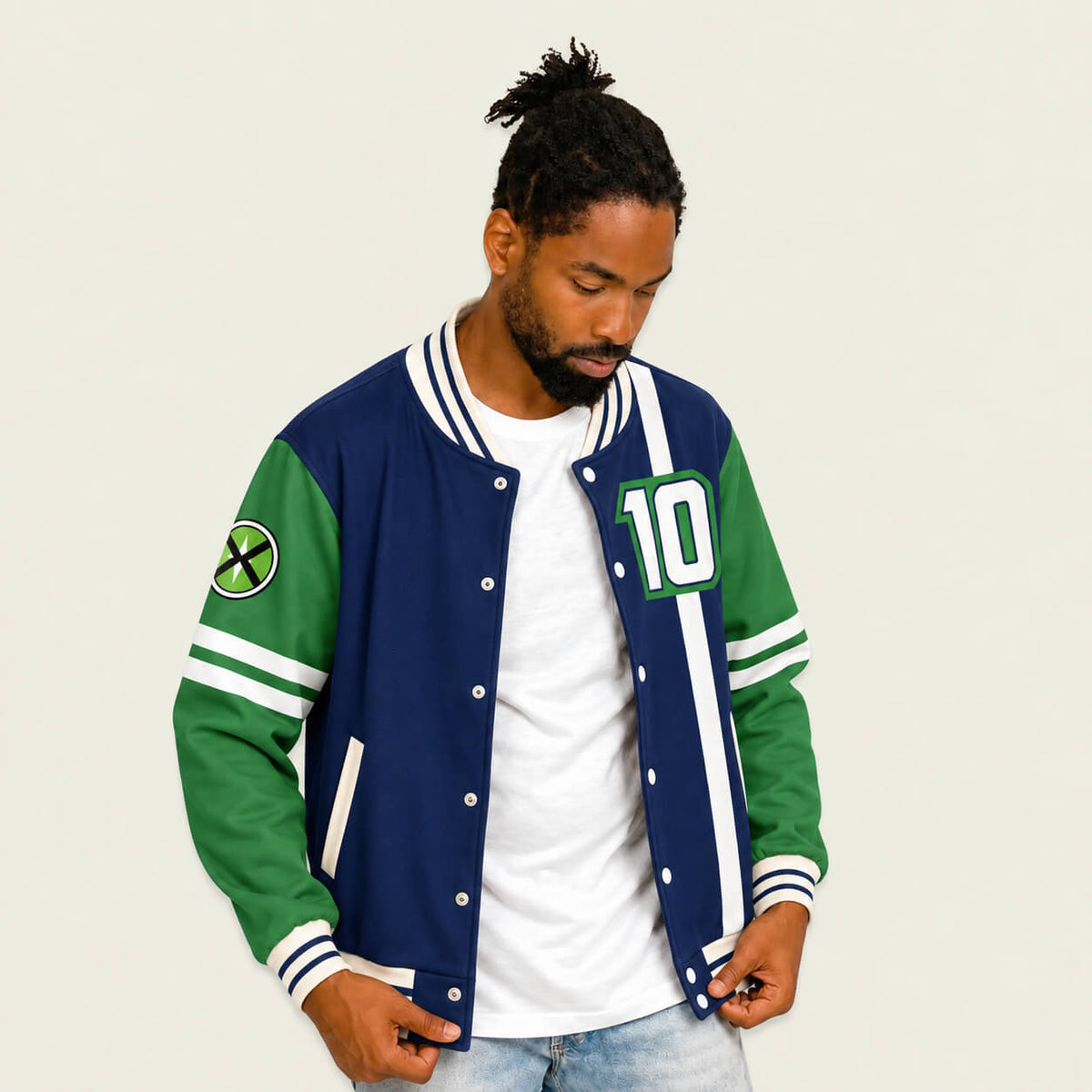 Model wearing Ben 10 classic varsity jacket front view