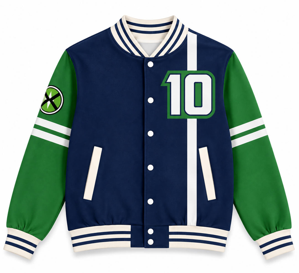Ben 10 classic navy and green varsity jacket front view