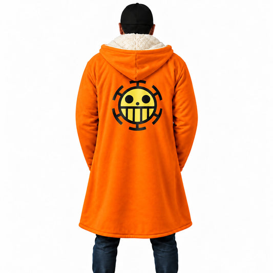 Bepo One Piece orange hooded cloak coat with Heart Pirates emblem on back