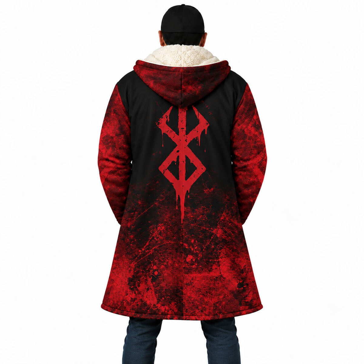 Back view of Berserk cloak coat with large red Brand of Sacrifice