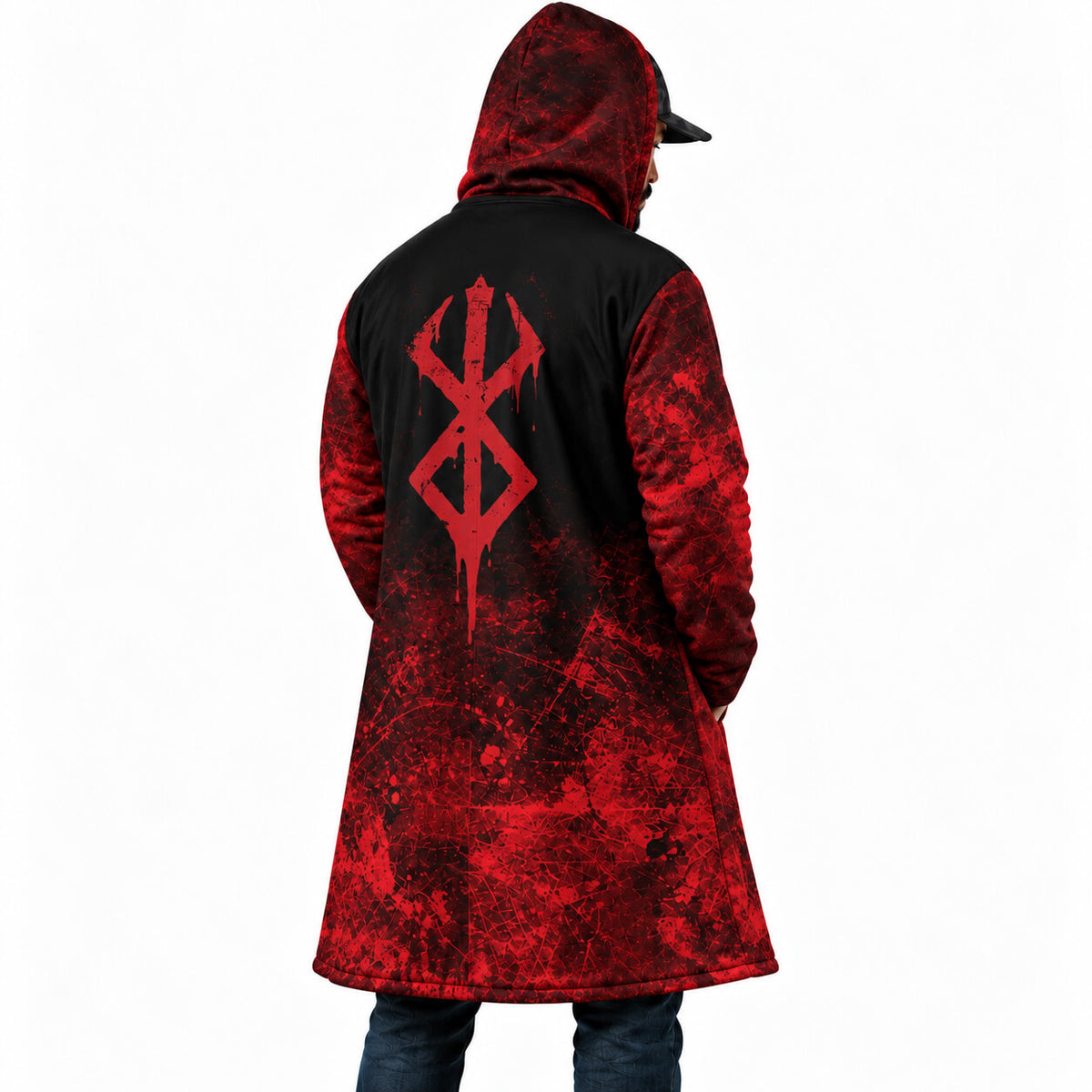 Side view of black and red Berserk Brand of Sacrifice cloak coat
