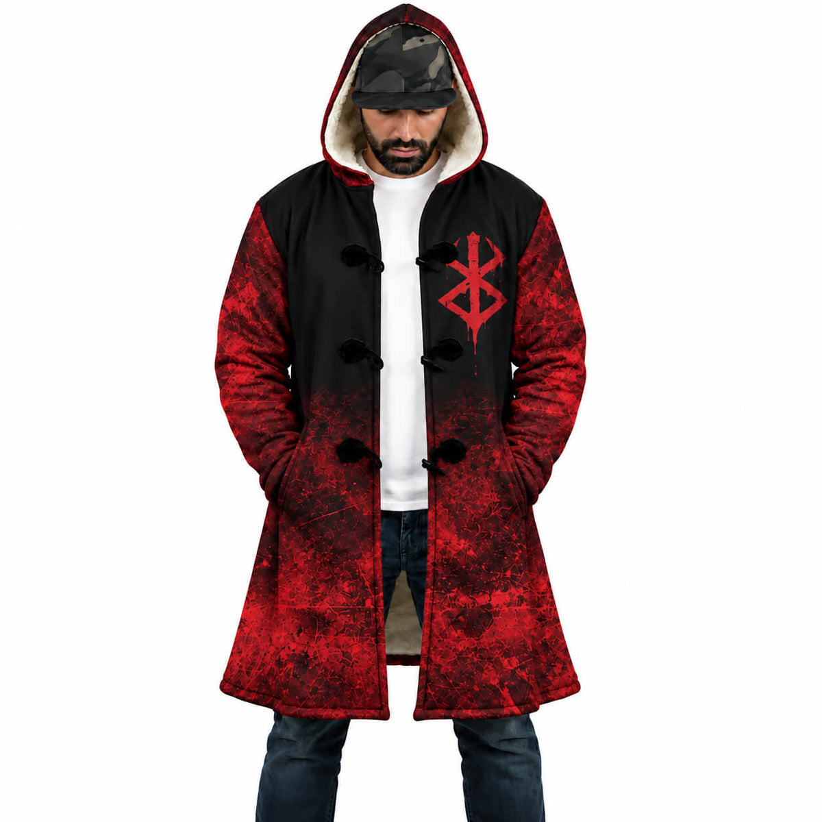Front view of Berserk Brand of Sacrifice hooded cloak coat