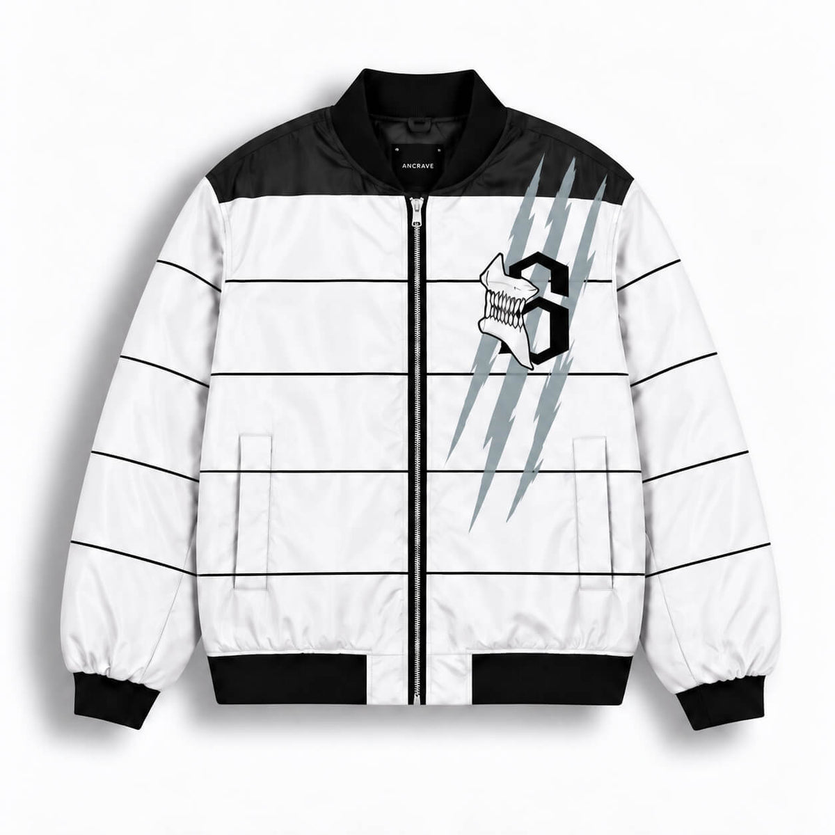 Front of white Bleach Espada bomber jacket with number 3 emblem and teal claw graphics