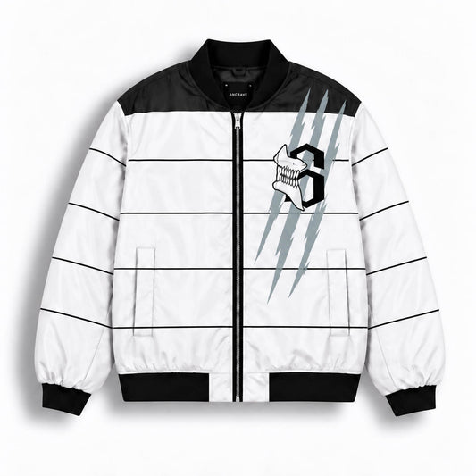 Front of white Bleach Espada bomber jacket with number 3 emblem and teal claw graphics