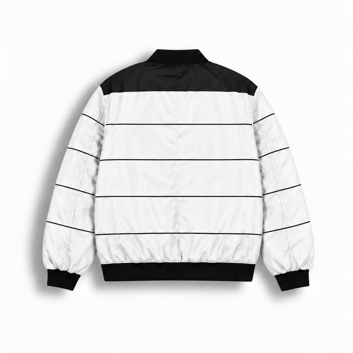 Back of white Espada bomber jacket featuring thin black horizontal stripes and black shoulder panel
