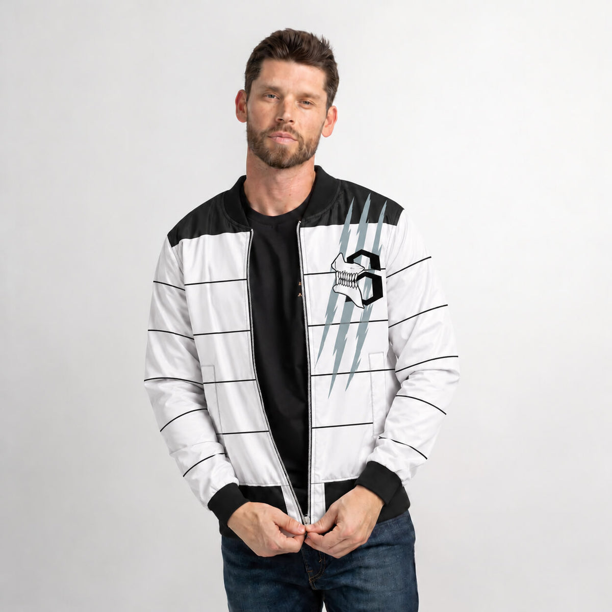 Model wearing white Bleach Espada bomber jacket with number 3 chest emblem and black ribbed trim