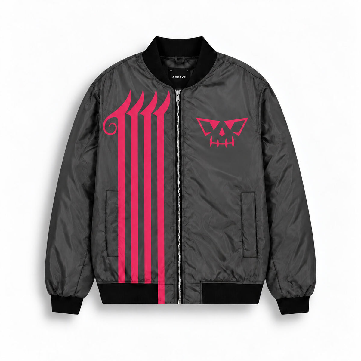 Front of Charlotte Katakuri bomber jacket with magenta vertical stripes and chest emblem on charcoal gray