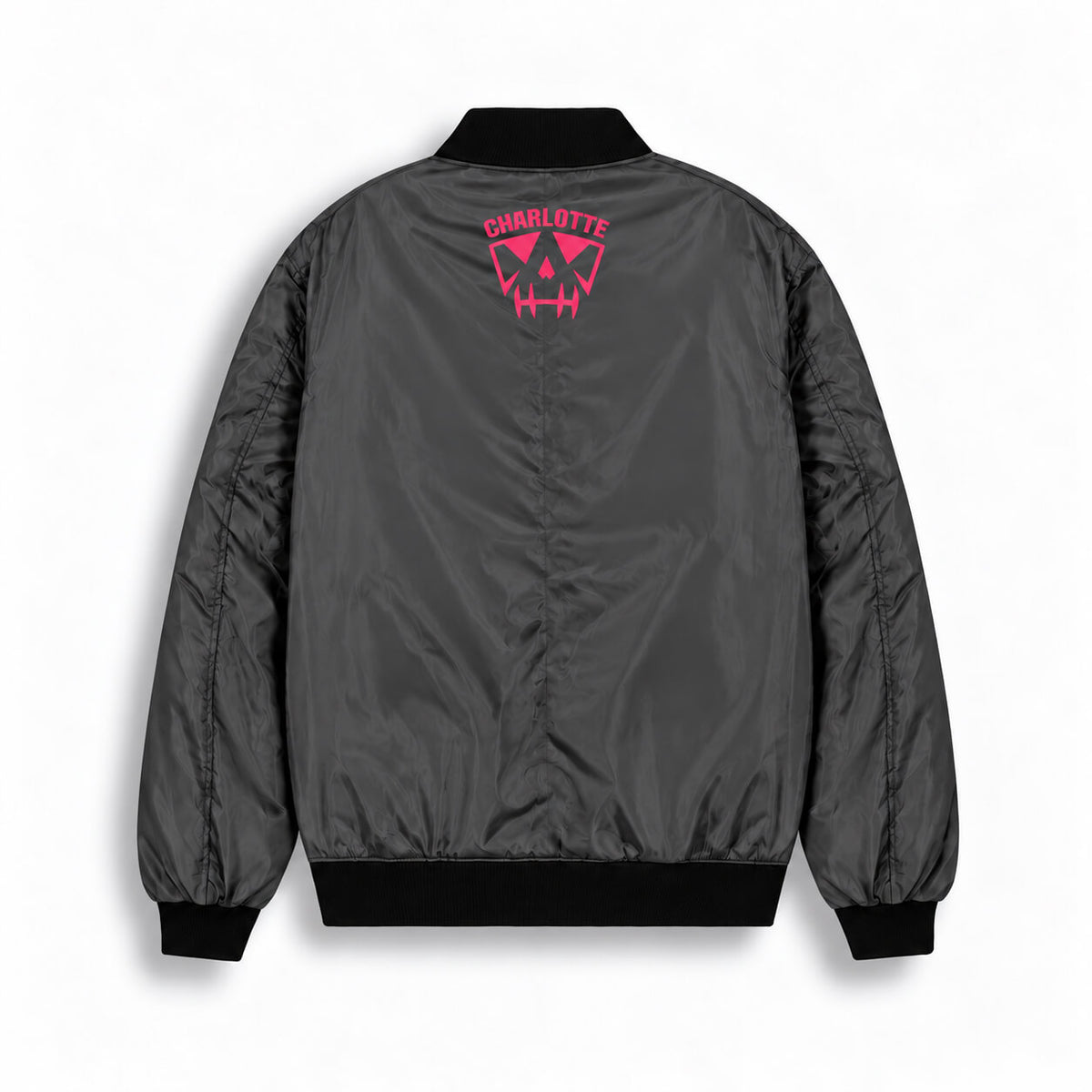 Back of dark charcoal One Piece Katakuri bomber jacket with small magenta emblem near collar